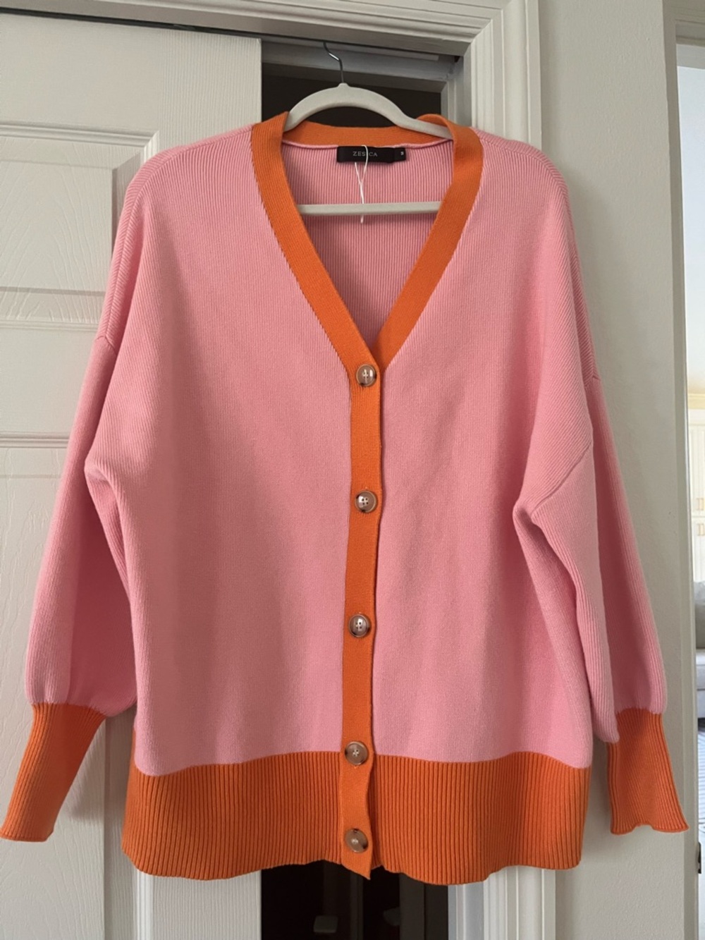 Zara Pink and Orange V-Neck Button Cardigan Sweater